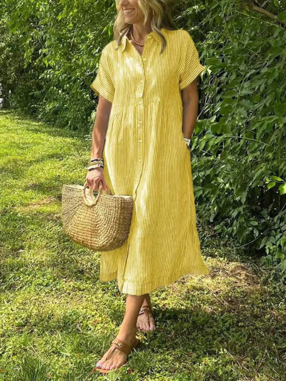 Women's Yellow Striped Collared Short-Sleeve Relaxed Maxi Shirt Dress